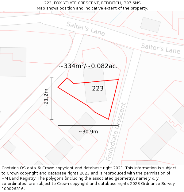 223, FOXLYDIATE CRESCENT, REDDITCH, B97 6NS: Plot and title map