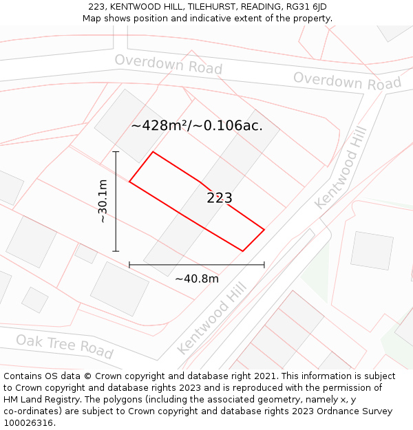 223, KENTWOOD HILL, TILEHURST, READING, RG31 6JD: Plot and title map