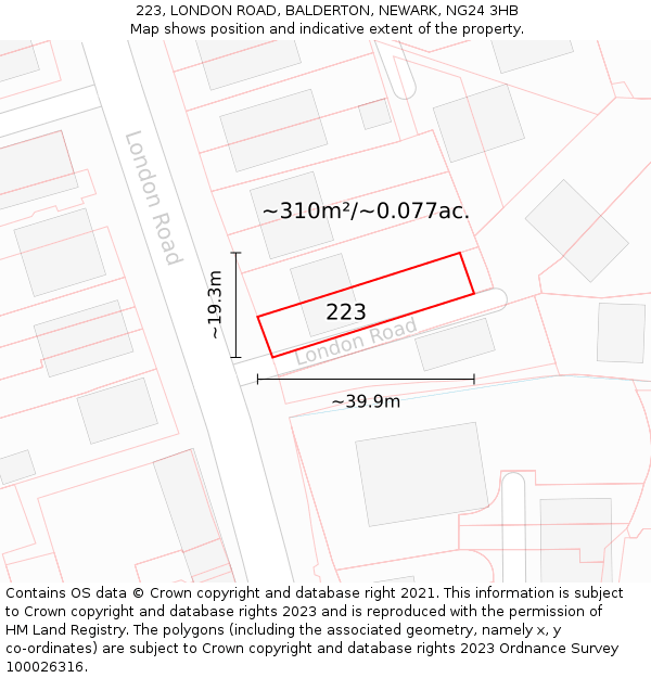 223, LONDON ROAD, BALDERTON, NEWARK, NG24 3HB: Plot and title map