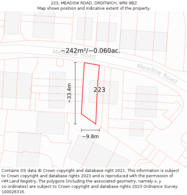 223, MEADOW ROAD, DROITWICH, WR9 9BZ: Plot and title map