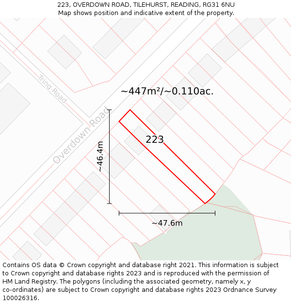 223, OVERDOWN ROAD, TILEHURST, READING, RG31 6NU: Plot and title map