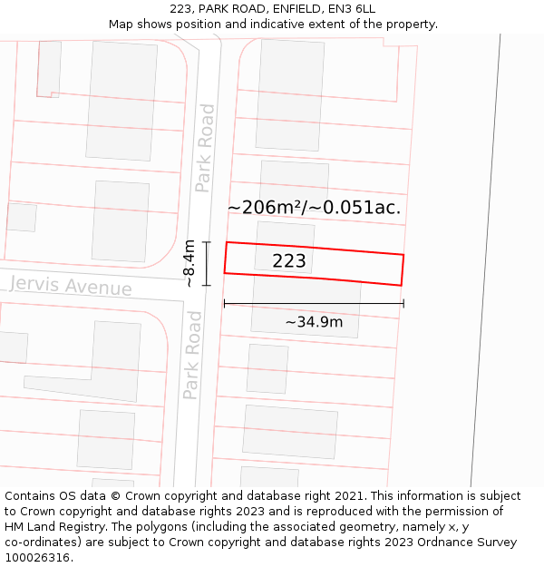 223, PARK ROAD, ENFIELD, EN3 6LL: Plot and title map