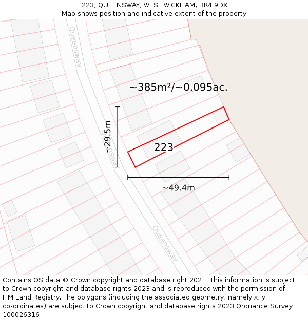 223, QUEENSWAY, WEST WICKHAM, BR4 9DX: Plot and title map