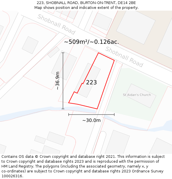 223, SHOBNALL ROAD, BURTON-ON-TRENT, DE14 2BE: Plot and title map