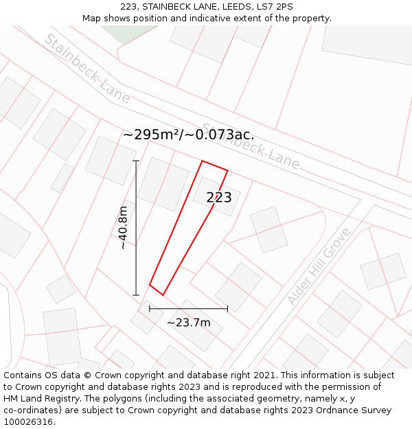 223, STAINBECK LANE, LEEDS, LS7 2PS: Plot and title map