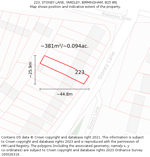 223, STONEY LANE, YARDLEY, BIRMINGHAM, B25 8RJ: Plot and title map