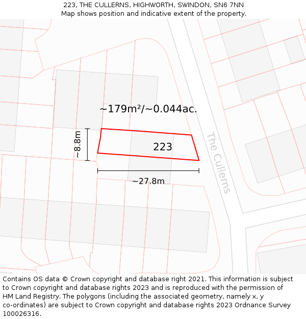 223, THE CULLERNS, HIGHWORTH, SWINDON, SN6 7NN: Plot and title map