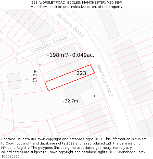 223, WORSLEY ROAD, ECCLES, MANCHESTER, M30 8BW: Plot and title map