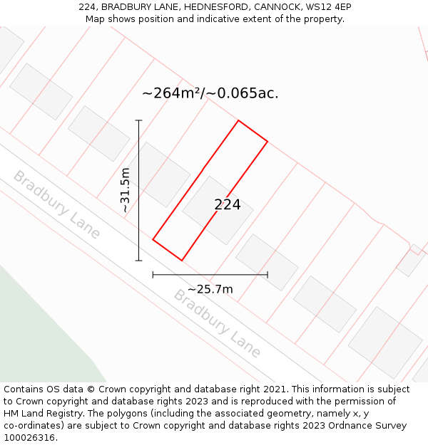 224, BRADBURY LANE, HEDNESFORD, CANNOCK, WS12 4EP: Plot and title map