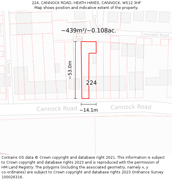 224, CANNOCK ROAD, HEATH HAYES, CANNOCK, WS12 3HF: Plot and title map