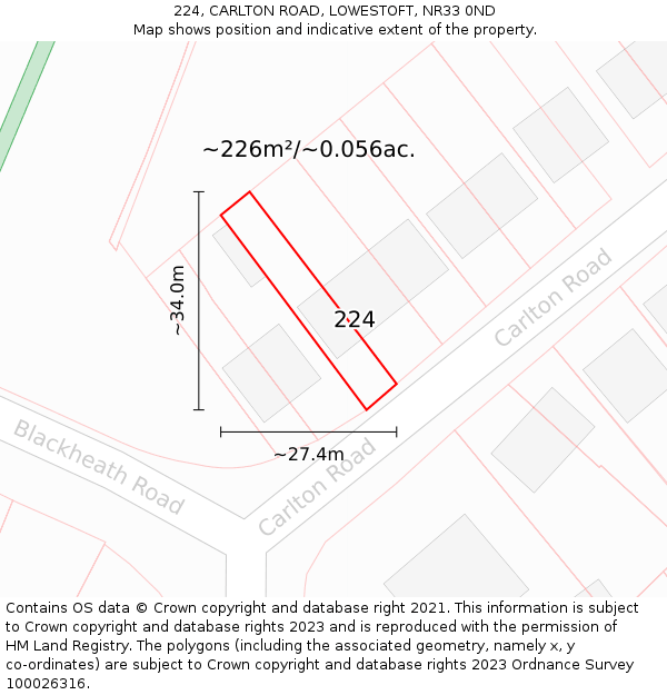 224, CARLTON ROAD, LOWESTOFT, NR33 0ND: Plot and title map