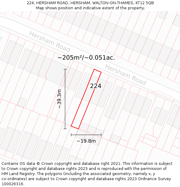 224, HERSHAM ROAD, HERSHAM, WALTON-ON-THAMES, KT12 5QB: Plot and title map