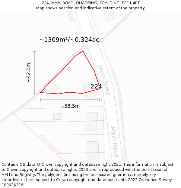 224, MAIN ROAD, QUADRING, SPALDING, PE11 4PT: Plot and title map