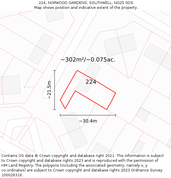 224, NORWOOD GARDENS, SOUTHWELL, NG25 0DS: Plot and title map