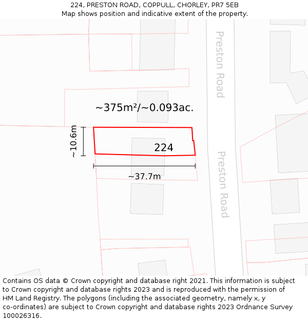 224, PRESTON ROAD, COPPULL, CHORLEY, PR7 5EB: Plot and title map