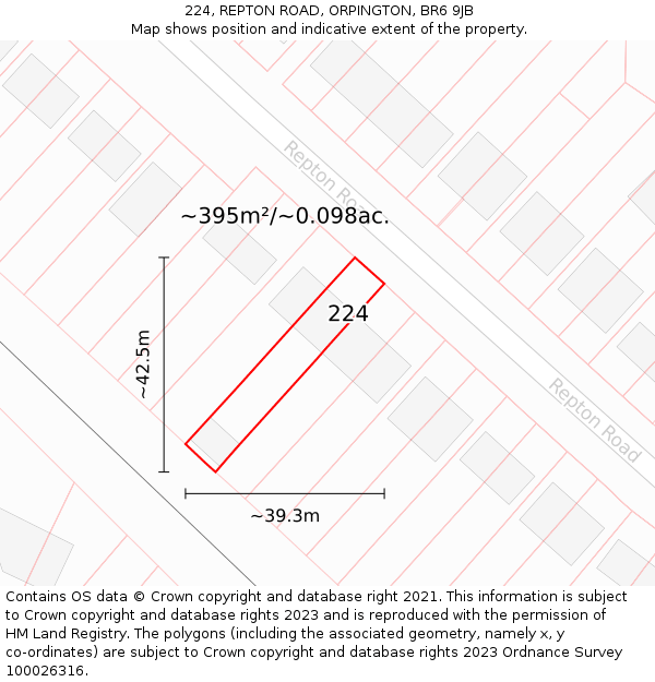 224, REPTON ROAD, ORPINGTON, BR6 9JB: Plot and title map