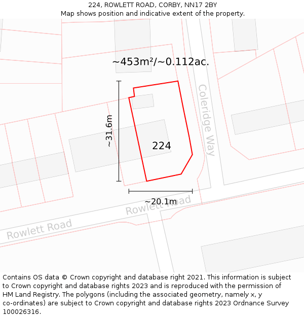 224, ROWLETT ROAD, CORBY, NN17 2BY: Plot and title map