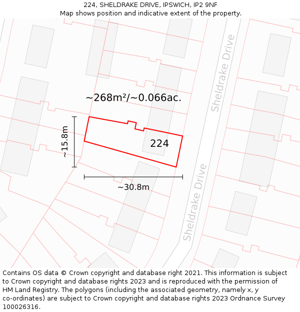 224, SHELDRAKE DRIVE, IPSWICH, IP2 9NF: Plot and title map