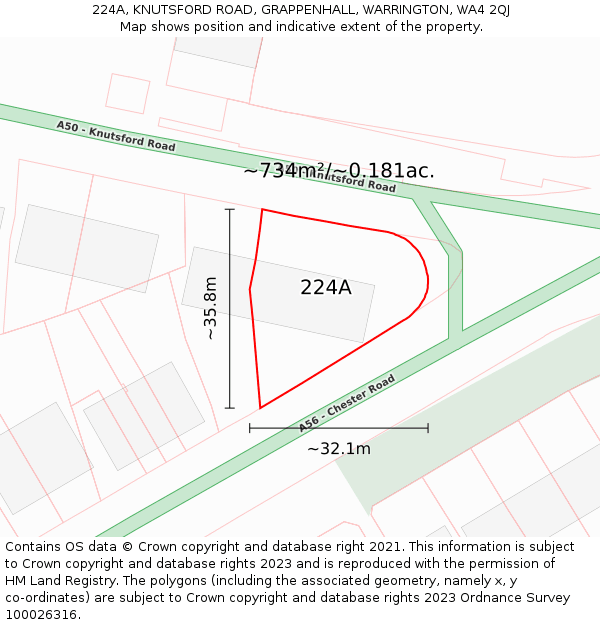 224A, KNUTSFORD ROAD, GRAPPENHALL, WARRINGTON, WA4 2QJ: Plot and title map