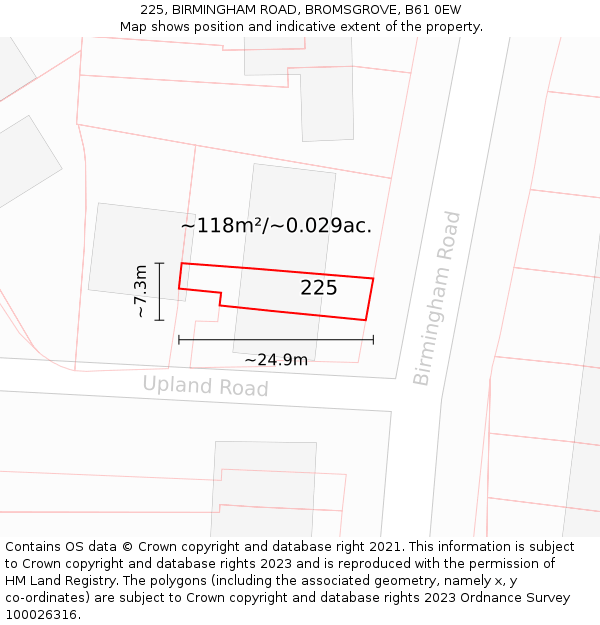 225, BIRMINGHAM ROAD, BROMSGROVE, B61 0EW: Plot and title map