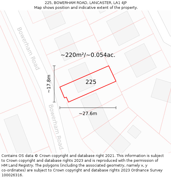 225, BOWERHAM ROAD, LANCASTER, LA1 4JP: Plot and title map