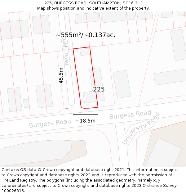 225, BURGESS ROAD, SOUTHAMPTON, SO16 3HF: Plot and title map