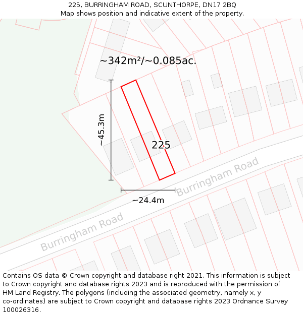 225, BURRINGHAM ROAD, SCUNTHORPE, DN17 2BQ: Plot and title map