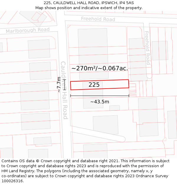 225, CAULDWELL HALL ROAD, IPSWICH, IP4 5AS: Plot and title map