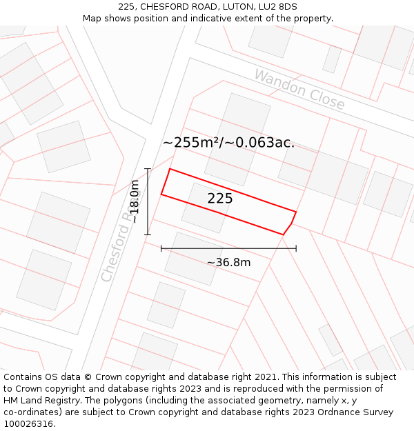 225, CHESFORD ROAD, LUTON, LU2 8DS: Plot and title map