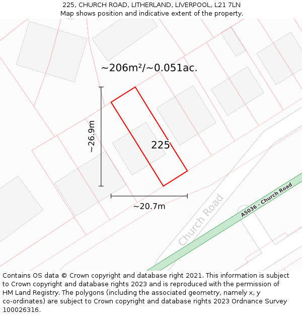 225, CHURCH ROAD, LITHERLAND, LIVERPOOL, L21 7LN: Plot and title map