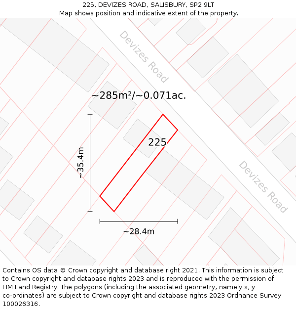 225, DEVIZES ROAD, SALISBURY, SP2 9LT: Plot and title map