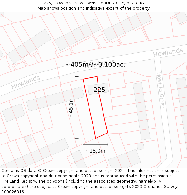 225, HOWLANDS, WELWYN GARDEN CITY, AL7 4HG: Plot and title map