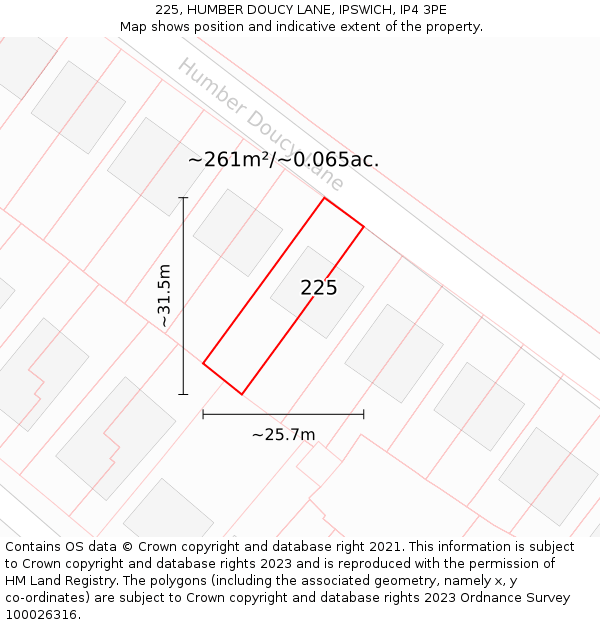 225, HUMBER DOUCY LANE, IPSWICH, IP4 3PE: Plot and title map
