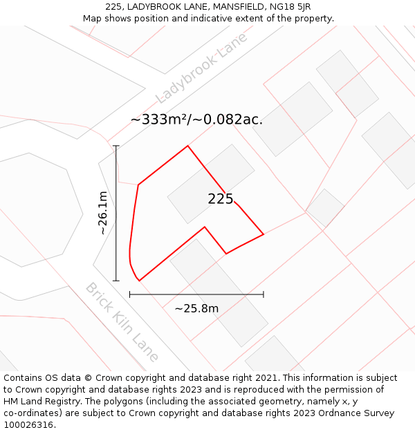 225, LADYBROOK LANE, MANSFIELD, NG18 5JR: Plot and title map