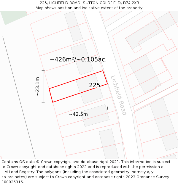 225, LICHFIELD ROAD, SUTTON COLDFIELD, B74 2XB: Plot and title map
