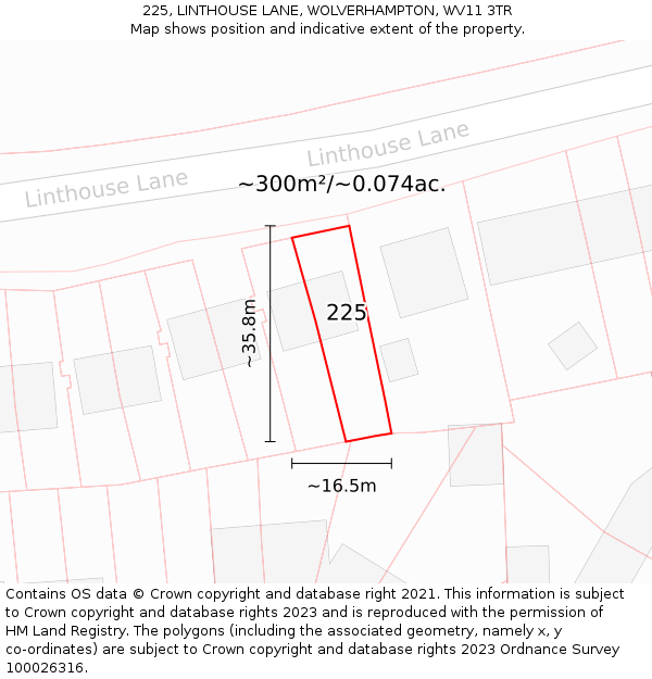 225, LINTHOUSE LANE, WOLVERHAMPTON, WV11 3TR: Plot and title map