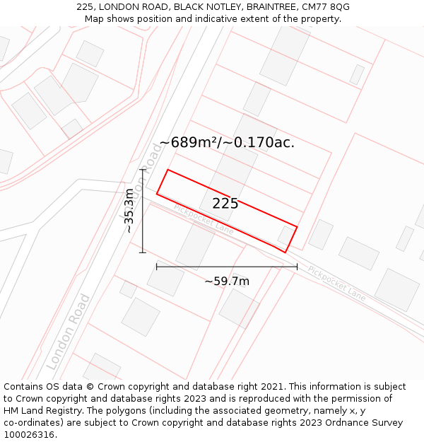 225, LONDON ROAD, BLACK NOTLEY, BRAINTREE, CM77 8QG: Plot and title map
