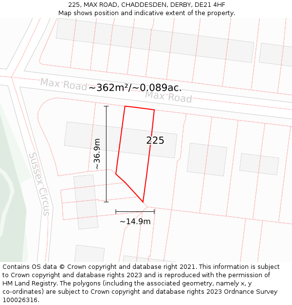 225, MAX ROAD, CHADDESDEN, DERBY, DE21 4HF: Plot and title map
