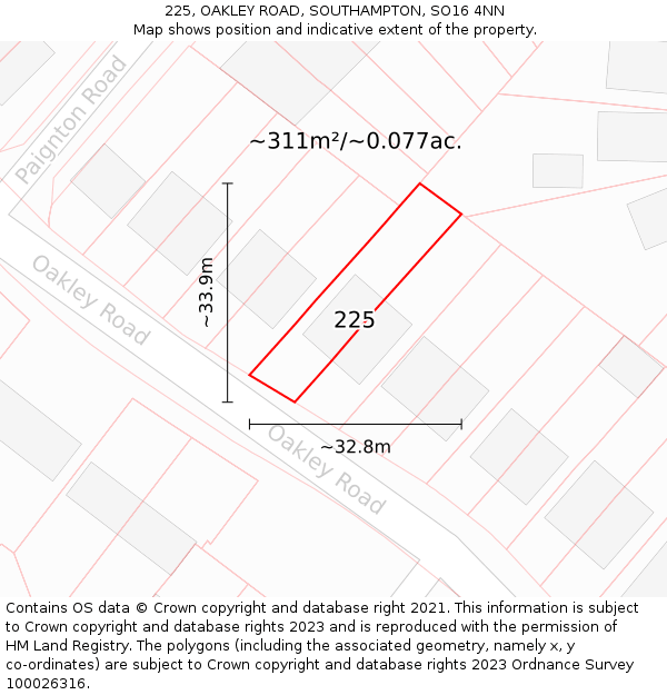 225, OAKLEY ROAD, SOUTHAMPTON, SO16 4NN: Plot and title map