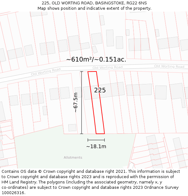 225, OLD WORTING ROAD, BASINGSTOKE, RG22 6NS: Plot and title map