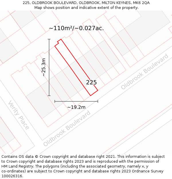 225, OLDBROOK BOULEVARD, OLDBROOK, MILTON KEYNES, MK6 2QA: Plot and title map