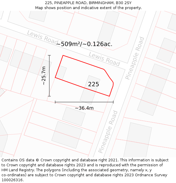 225, PINEAPPLE ROAD, BIRMINGHAM, B30 2SY: Plot and title map
