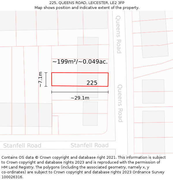 225, QUEENS ROAD, LEICESTER, LE2 3FP: Plot and title map