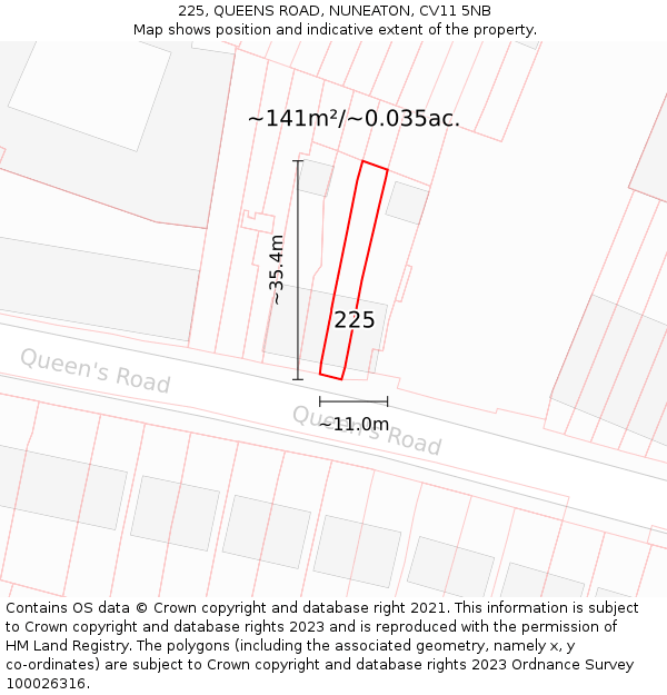 225, QUEENS ROAD, NUNEATON, CV11 5NB: Plot and title map