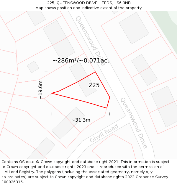 225, QUEENSWOOD DRIVE, LEEDS, LS6 3NB: Plot and title map