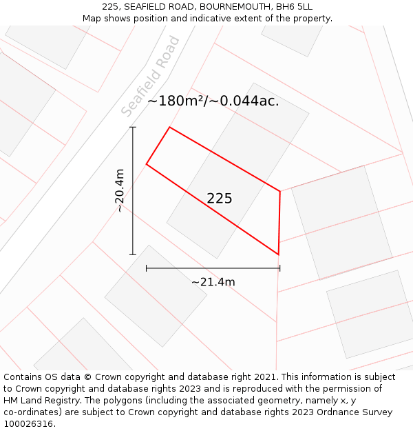 225, SEAFIELD ROAD, BOURNEMOUTH, BH6 5LL: Plot and title map