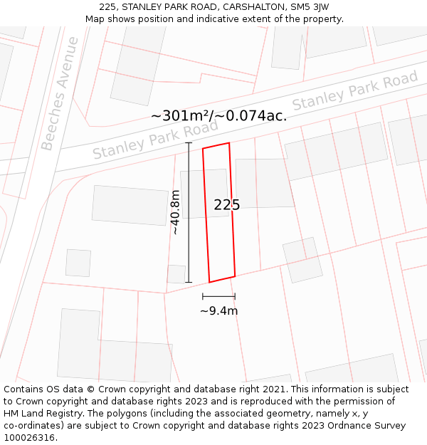 225, STANLEY PARK ROAD, CARSHALTON, SM5 3JW: Plot and title map