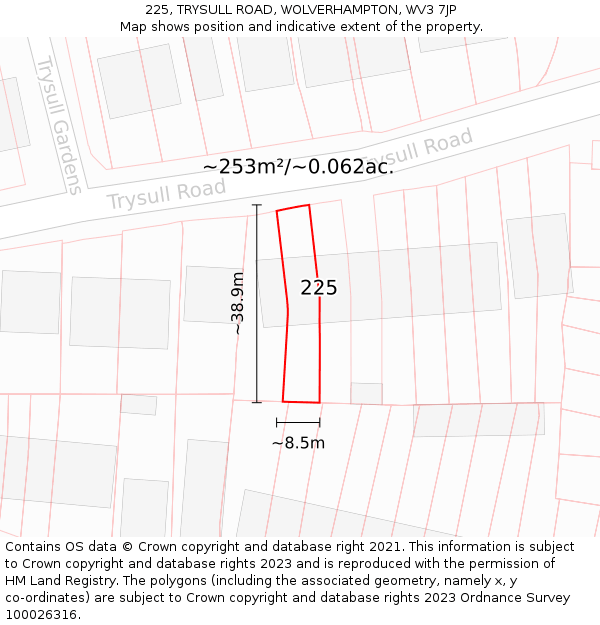 225, TRYSULL ROAD, WOLVERHAMPTON, WV3 7JP: Plot and title map