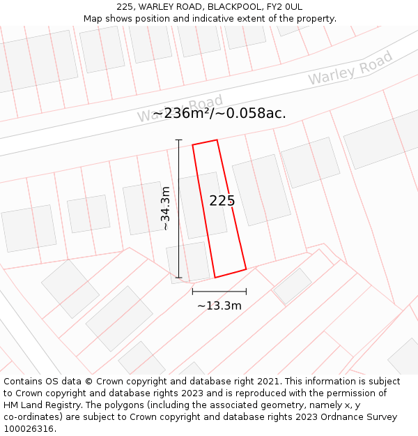 225, WARLEY ROAD, BLACKPOOL, FY2 0UL: Plot and title map