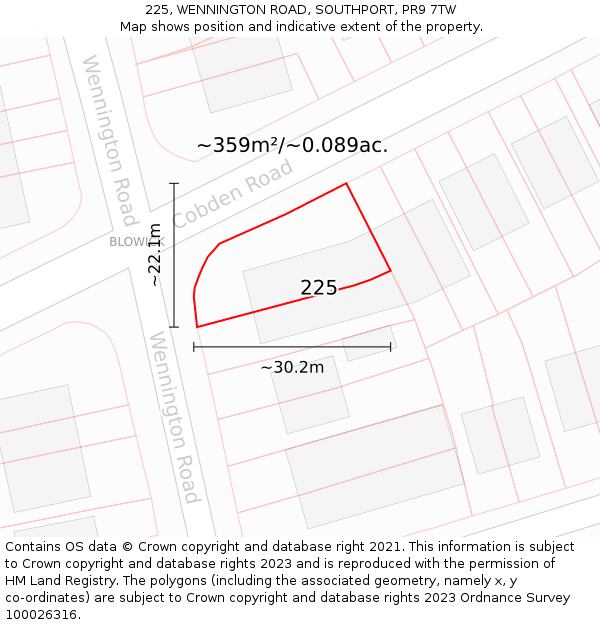 225, WENNINGTON ROAD, SOUTHPORT, PR9 7TW: Plot and title map